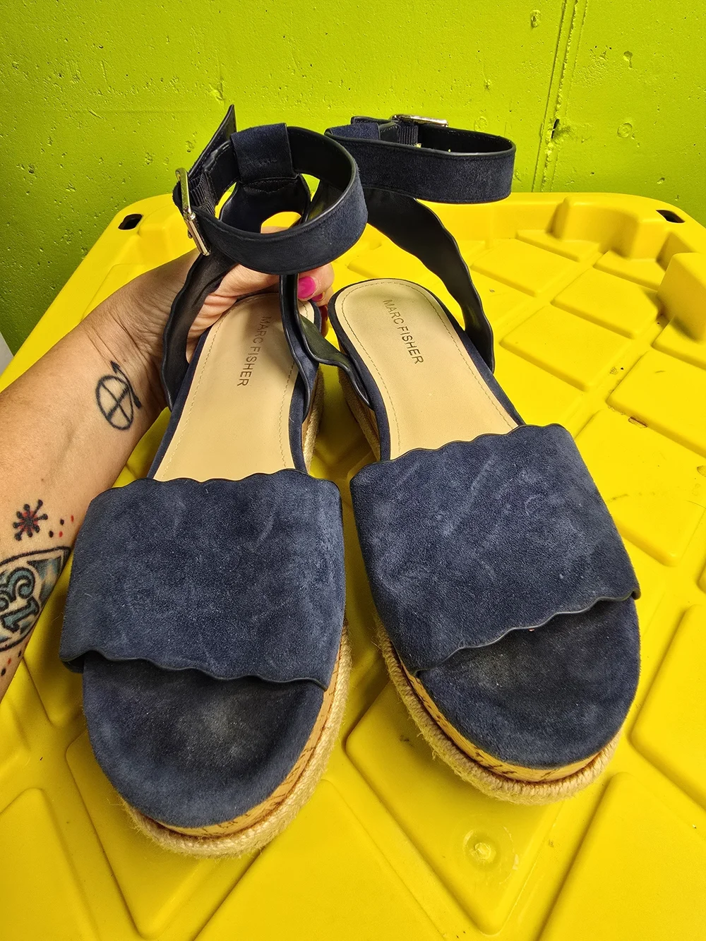 Marc Fisher Navy Scalloped Suede Cork Espadrille Wedges